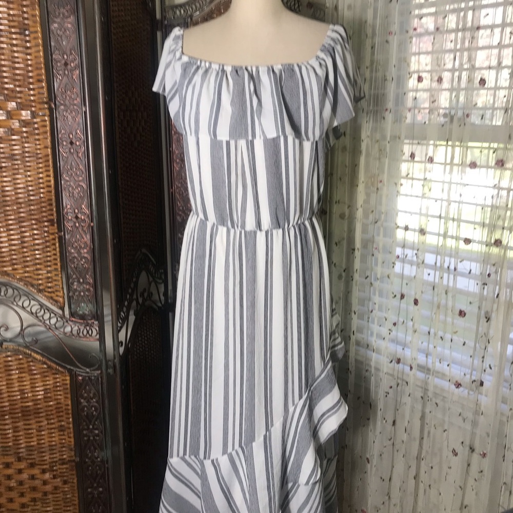 Maurices White and Gray Striped One-Shoulder Ruffle Maxi Dress